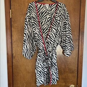 Delicates Black & White Zebra-Print Wrap Robe with Red Trim